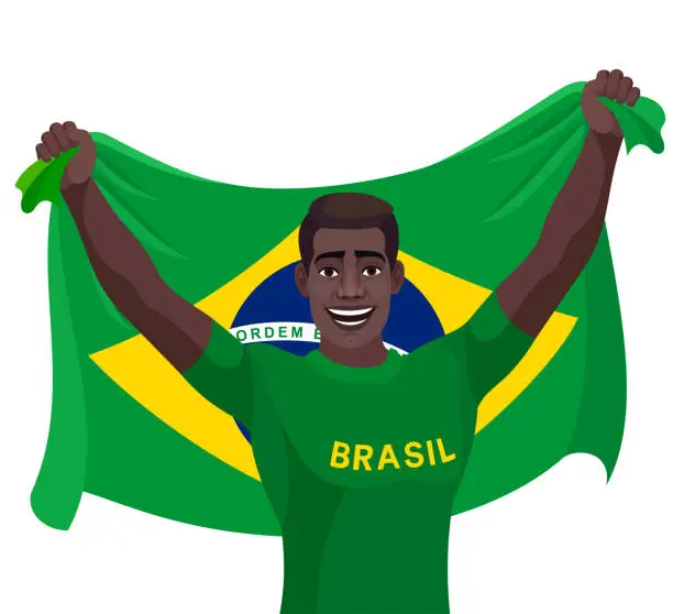 Vector illustration of Young man holding Brazilian Flag.