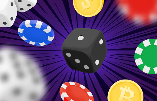 Casino game winning concept. Dice, casino chips and coins. Gamebling concept. 3d vector clipart