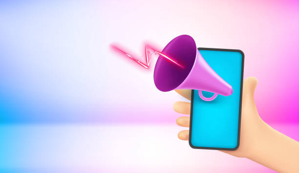 istock Breaking news concept. Cartoon hand holding modern smartphone with loud speaker. 3d vector illustration with holographic background 1478328778