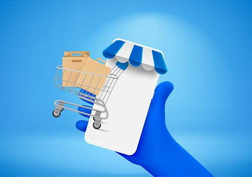 Making purchasing online concept with hand holding smartphone. 3d vector illustration