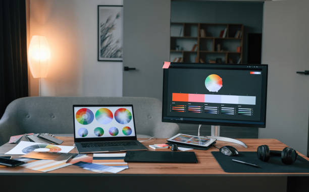 istock Computer, laptop, displays with designer's software. In the office 1478334783