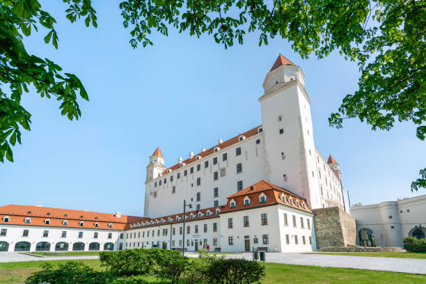 Bratislava Bratislava castle seen from publicly accessible park, framed by trees on clear summer day with copy space bratislava castle bratislava castle fort stock pictures, royalty-free photos & images