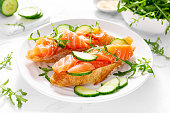 Sandwiches with salted salmon. Healthy food, breakfast