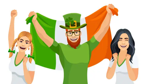 Vector illustration of Handsome Irish patriot. Cheerful man wrapped in Irish flag.
