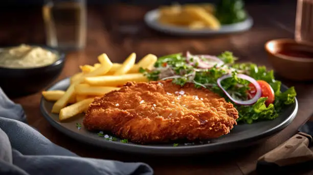 In this photo, you can see a perfectly cooked and golden-brown Wiener Schnitzel served with a side of crispy fries and a fresh salad. The dish looks absolutely delicious and inviting, with the Schnitzel cooked to perfection and the fries and salad adding the perfect crunch and freshness to the meal. The combination of flavors and textures in this classic Austrian dish is sure to satisfy any appetite.