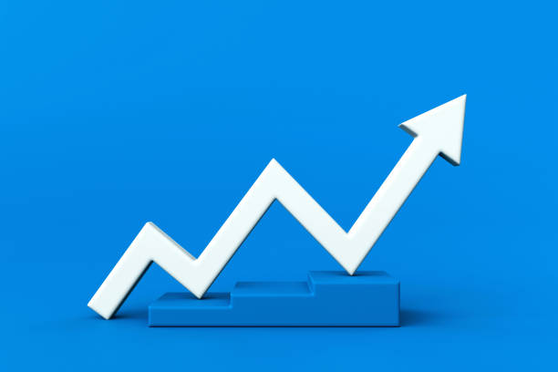 istock Graph arrow up on stair. Growing white arrow with stair on blue background. Simple white graph. Concept of growth and increase. Three-dimensional indicator arrow. 3d rendering. 1478342117