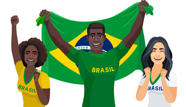 junge männer und frauen mit brasilianischer flagge. - soccer soccer player people ecstatic stock-grafiken, -clipart, -cartoons und -symbole