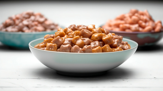 This photo captures a close-up of a bowl filled with wet food for dogs and cats. The food looks delicious and appetizing, perfect for any furry friend. The wet food is packed with high-quality ingredients and essential nutrients, ensuring that pets stay healthy and satisfied. The close-up shot highlights the texture and colors of the food, making it even more tempting. Whether you have a dog or a cat, this wet food is a great choice for a nutritious and tasty meal.