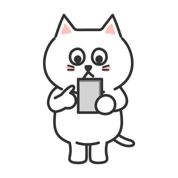 illustrations, cliparts, dessins animés et icônes de un chat blanc de dessin animé allumant son téléphone sur un fond blanc isolé - comic book animal pets kitten