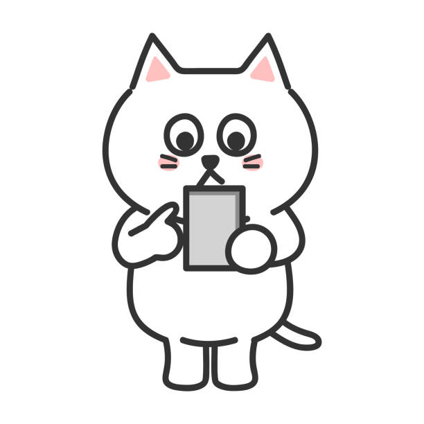 白い背景に白い漫画の猫が携帯電話に乗る - comic book animal pets kitten点のイラスト素材／クリップアート素材／マンガ素材／アイコン素材