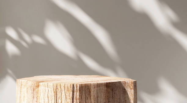 istock Minimal, natural log wood podium table in sunlight, tropical leaf shadow in blank beige wall 1478347433