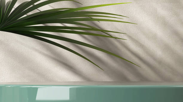istock Luxury, modern empty glossy emerald green stone counter table top, palm tree in sunlight, leaf shadow on beige concrete wall 1478347646