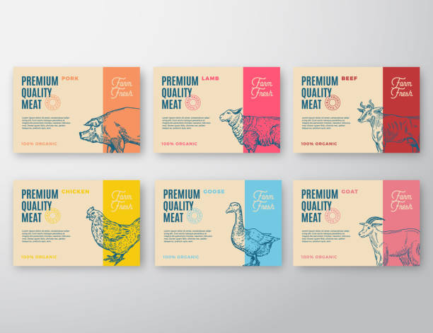 ilustrações de stock, clip art, desenhos animados e ícones de premium quality meat and poultry labels set. abstract vector packaging design or label. modern typography and hand drawn animals silhouette background layouts. - butchers shop meat store farm