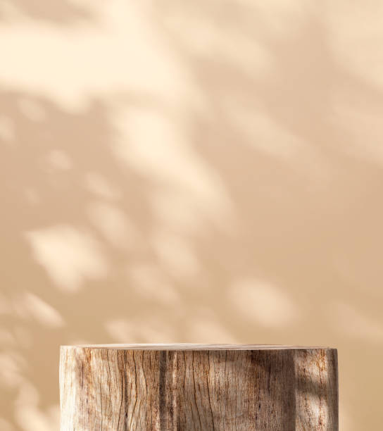 istock Minimal, natural log wood podium table in dappled sunlight, tropical leaf shadow in blank brown wall 1478349294
