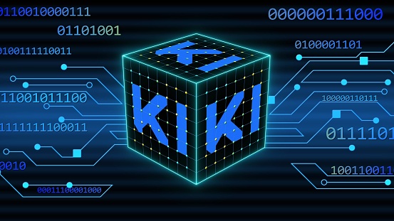 Concept of Visualization of Artificial Intelligence - KI letters in the Cube on binary code background in blue design - 3D Illustration