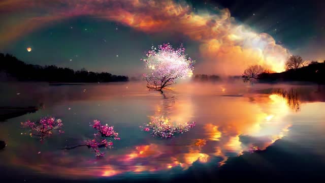 Animation clip of dreamy view with illuminated tree and flowers on a lake with orange clouds