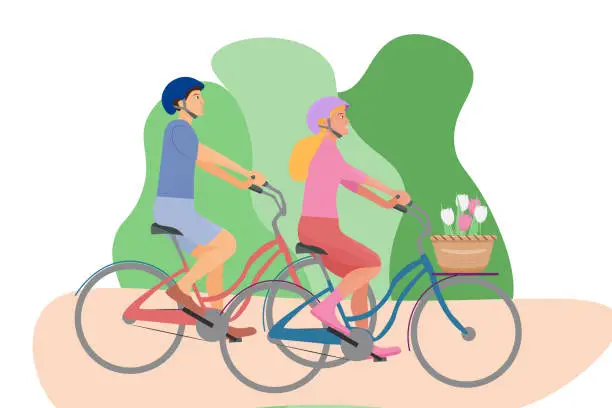 Vector illustration of A nice woman and a man are riding a bicycle in the park. Summer or spring cycling trips. A day without a car. Healthy lifestyle. Vector illustration