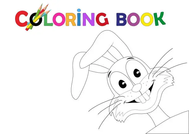 Vector illustration of Coloring page - happy rabbit looks around the corner,
easter bunny hiding,
Vector illustration