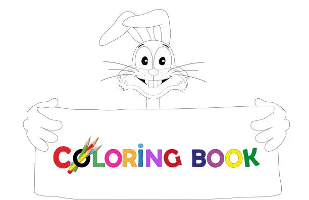 Vector illustration of Coloring page - happy rabbit with sign,
Vector illustration