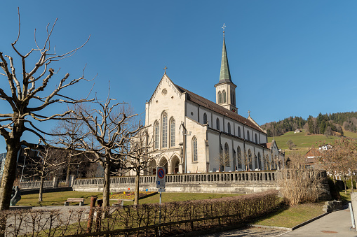 Unteraegeri, Switzerland, February 20, 2023 Beautiful and historic catholic church in the city center