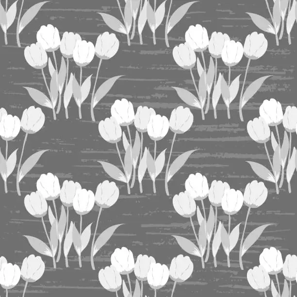 Vector illustration of Tulips, flowers black and white design, textured. Seamless vector artistic floral pattern.