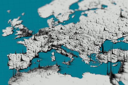 Digital work of 3D population density render for europe. Real open population  data used.