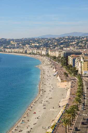 Nice, France - October 27 2019: Aerial panoramic view of Quai des Etats-Unis, Promenade des Anglais, sea and beaches.