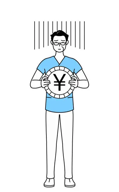 Vector illustration of Middle aged, Senior Male nurse, physical therapist, occupational therapist, speech therapist, nursing assistant in Uniform an image of exchange loss or yen depreciation