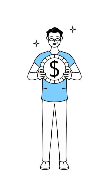 Vector illustration of Middle aged, Senior Male nurse, physical therapist, occupational therapist, speech therapist, nursing assistant in Uniform with images of foreign exchange gains and dollar appreciation.