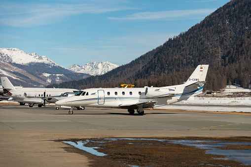 Samedan, Switzerland, February 21, 2023 Cessna 560XL Citation XLS+ business aircraft on the apron