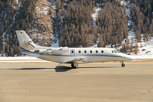 Samedan, Switzerland, February 21, 2023 Cessna 560XL Citation XLS+ business aircraft on the apron