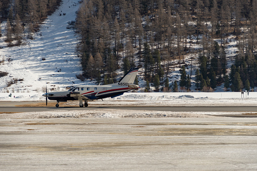 Samedan, Switzerland, February 21, 2023 Socata TBM-850 propeller aircraft is taxiing to its position