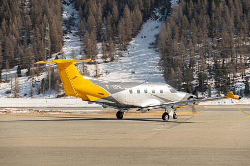 Samedan, Switzerland, February 21, 2023 Pilatus PC-12 NGX propeller aircraft on the apron
