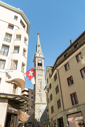 Saint Moritz, Switzerland, February 21, 2023 Tower of the historic reformed church in the city center