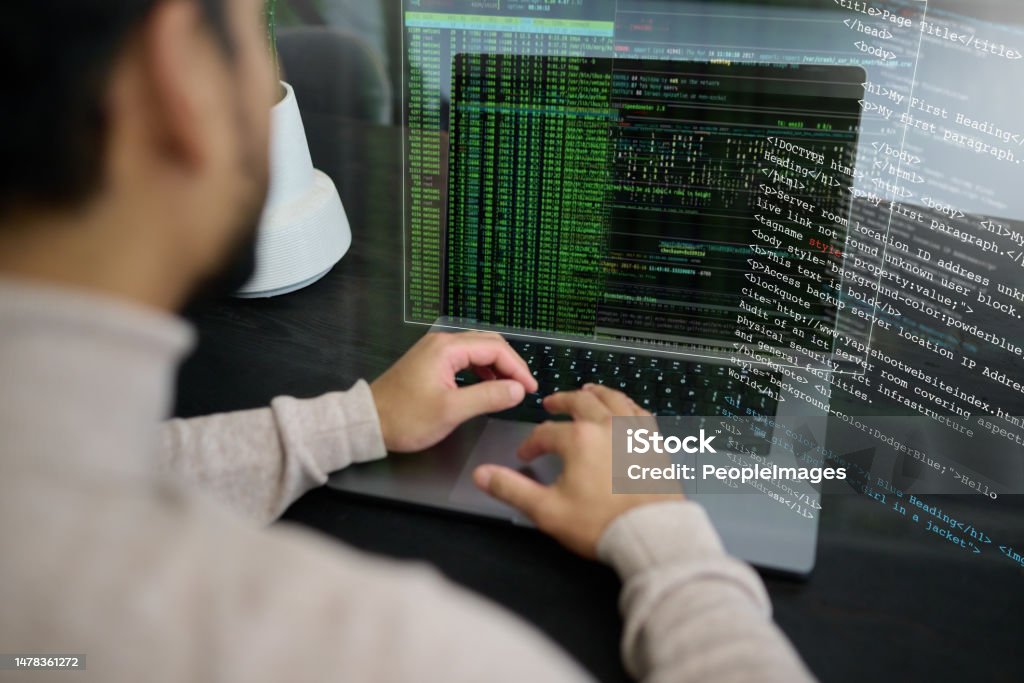 Programmer Man And Laptop Coding On Hologram Software Development Or ...