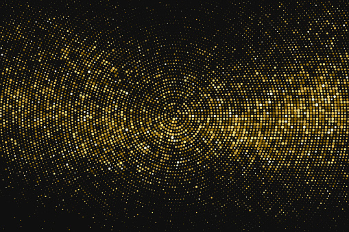 Gold Glitter Halftone Dotted Backdrop. Abstract Circular Retro Pattern. Pop Art Style Background. Golden Explosion Of Confetti. Digitally Generated Image. Vector Illustration, Eps 10.