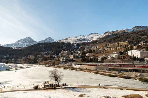 Saint Moritz, Switzerland, February 21, 2023 Panoramic view over the city center with a fantastic alpine scenery