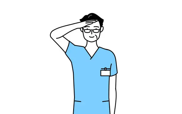 Vector illustration of Middle aged, Senior Male nurse, physical therapist, occupational therapist, speech therapist, nursing assistant in Uniform making a salute.