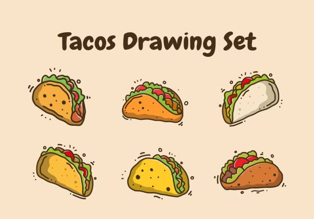 illustrazioni stock, clip art, cartoni animati e icone di tendenza di disegno a mano di tacos alimentari messicani - taco