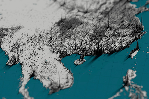 Digital work of 3D population density render for Asia. Real open population  data used.