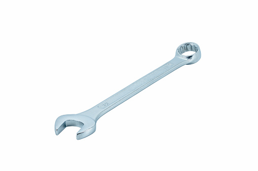 A silver stainless steel DIY open ended wrench against a white background
