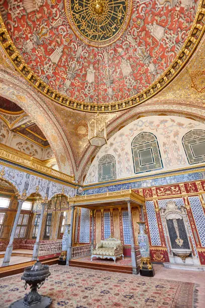 Topkapi palace interior. Imperial hall and sultan throne. Istanbul, Turkey