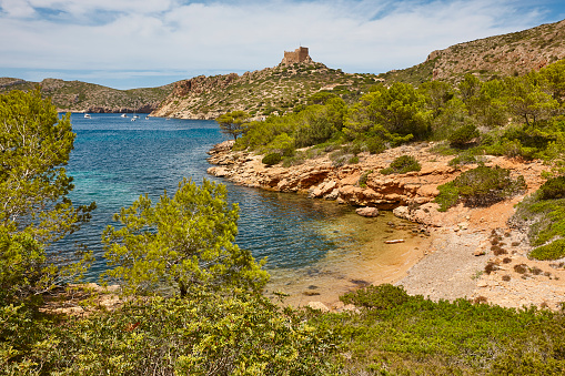 Turquoise waters in Cabrera island bay landscape. Balearic islands. Spain
