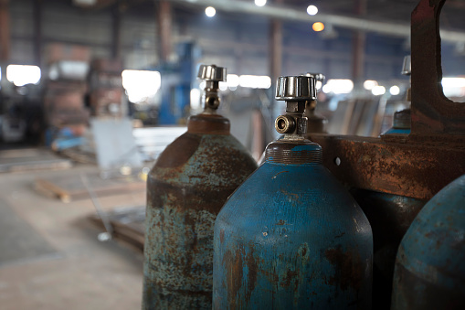 Part of the oxygen cylinders in the welding shop of the plant.