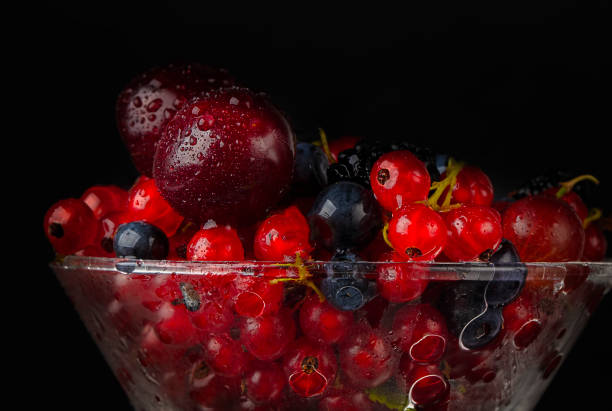 Beautiful red berries poured with water on a dark background close-up.