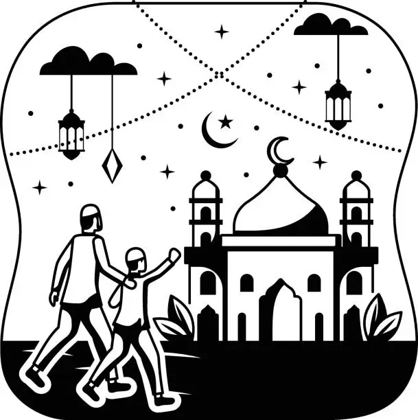 Vector illustration of Children going  Prayer-Salat-ul-`Eidayn vector icon Design, Ramazan and Eid al-Fitr Symbol, Islamic and Muslims fasting Sign Arabic holiday celebration, Father And Son Walking Towards A Mosque concept