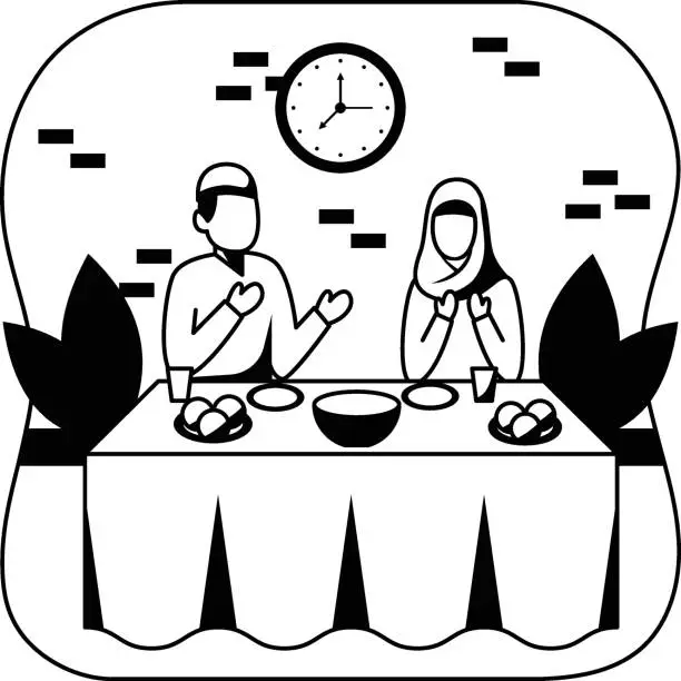 Vector illustration of Ifarti time vector Icon design, Ramazan and Eid al-Fitr Symbol, Islamic and fasting Sign, Arabic holidays celebration stock illustration, Muslims Family doing dua before breaking the fast concept