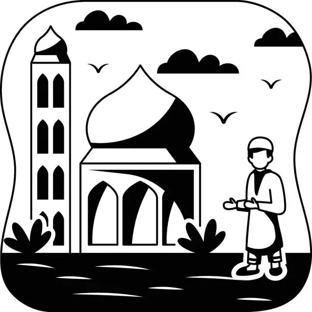 Vector illustration of Eid Prayer vector icon Design, Ramazan and Eid al-Fitr Symbol, Islamic and Muslims fasting Sign, Arabic holidays celebration stock illustration, Muslim Kids going to Mosque concept