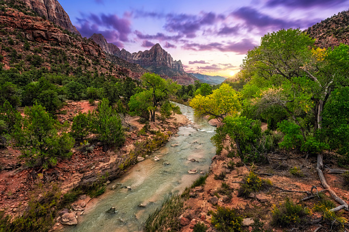 Landscape photo of The Watchman and the North Fork Virgin River at sunset in Zion National Park, Utah, USA.