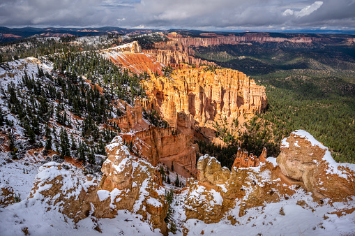 The highest point of Bryce Canyon National Park in Autumn covered with snow, Utah, USA